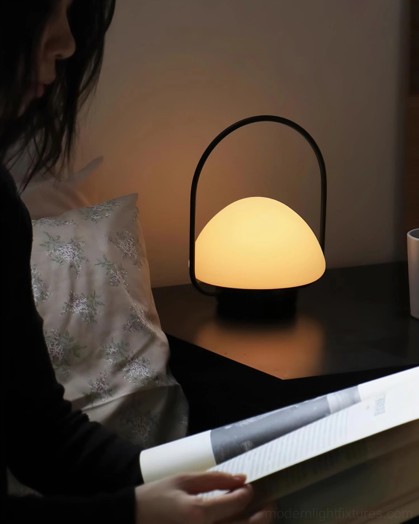 Modern cordless table lamp in white and black color options, minimalist metal frame frosted glass dome