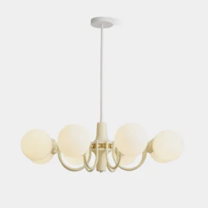 Modern glass globe chandelier with cream metal frame and white frosted glass orbs, front studio view