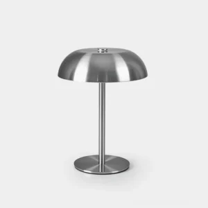 Modern Crescent LED table lamp with brushed silver metal dome shade and minimalist design, front studio view