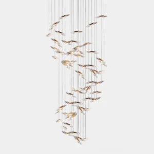 Modern crystal cascade chandelier front view studio display with fish-shaped glass pendants