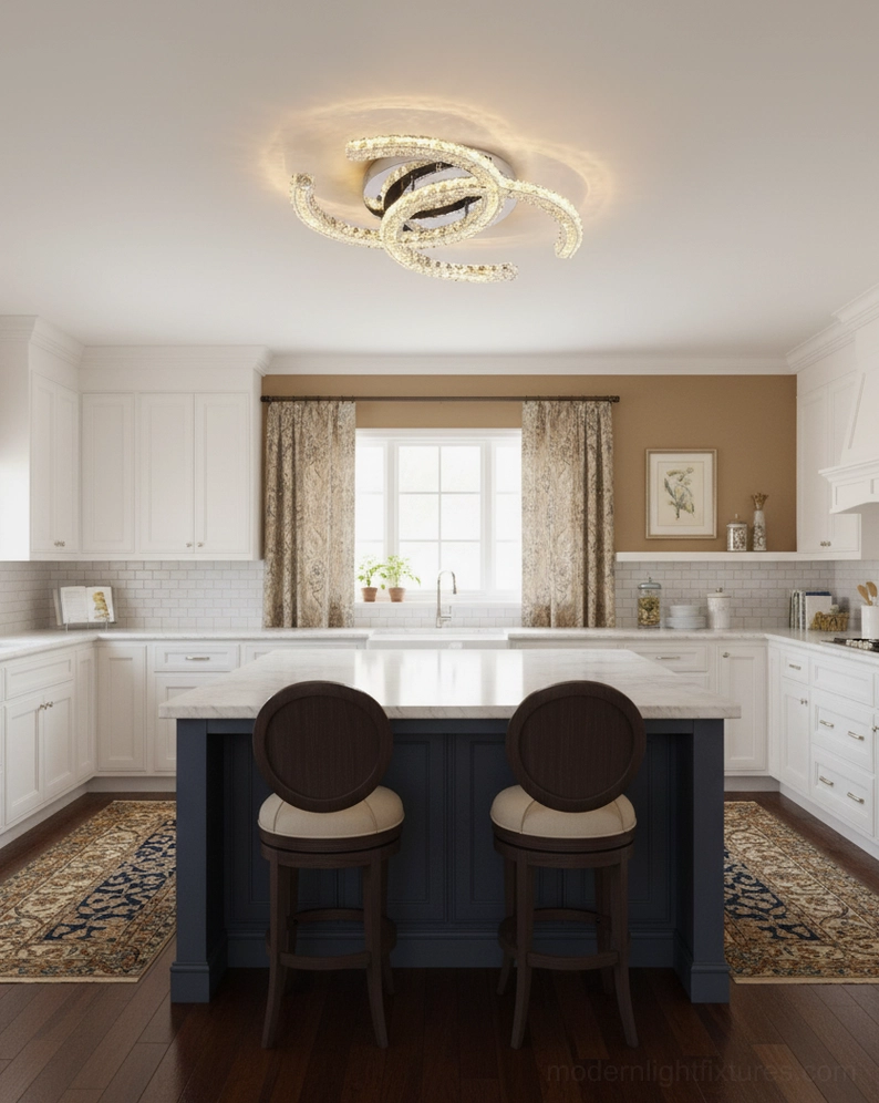 K9 crystal ceiling light fixture installed in neutral living room with sofa and landscape artwork