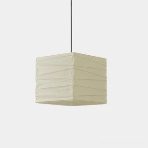 Modern cubic washi paper pendant lamp with handcrafted pleated off-white rice paper shade, front studio view