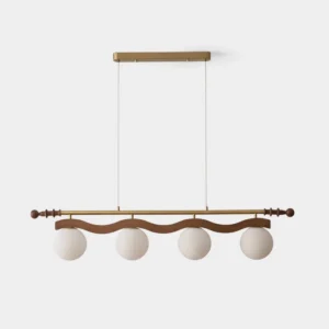 Curvira modern curved wood pendant chandelier with matte opal glass shades and gold accents, studio product shot