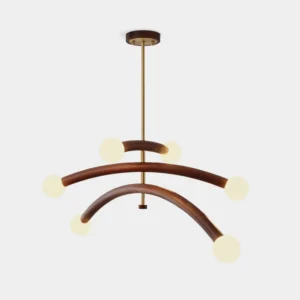 Modern curved wood pendant chandelier with six frosted glass globe shades and copper metal hardware, overhead studio view