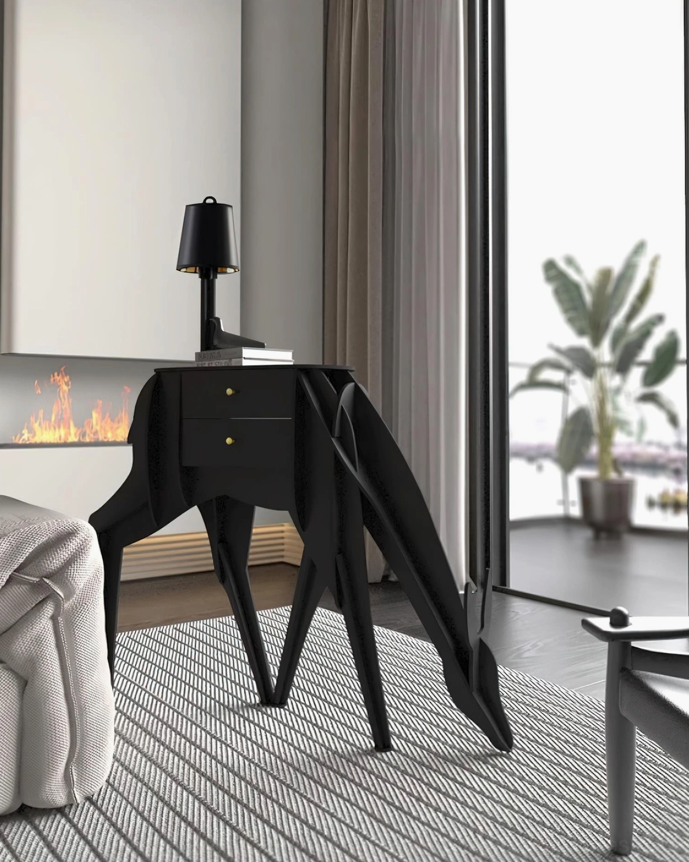 Black modern deer silhouette floor lamp in contemporary living room, styled on geometric area rug with neutral home decor