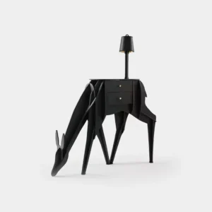Modern deer silhouette floor lamp with storage drawers in matte black finish, front three-quarter view showing brass drawer pulls and integrated table lamp