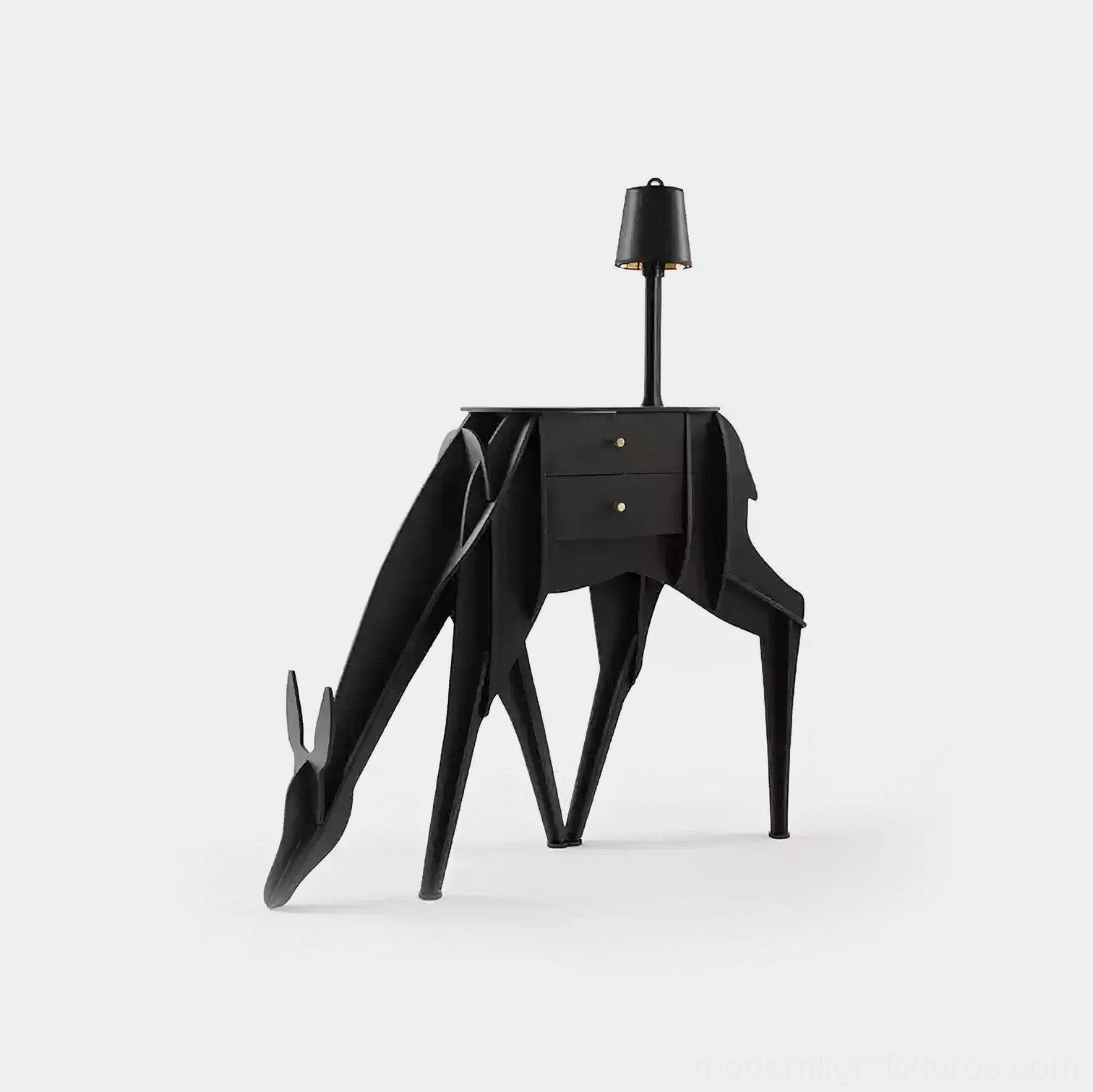 Modern deer silhouette floor lamp with storage drawers in matte black finish, front three-quarter view showing brass drawer pulls and integrated table lamp