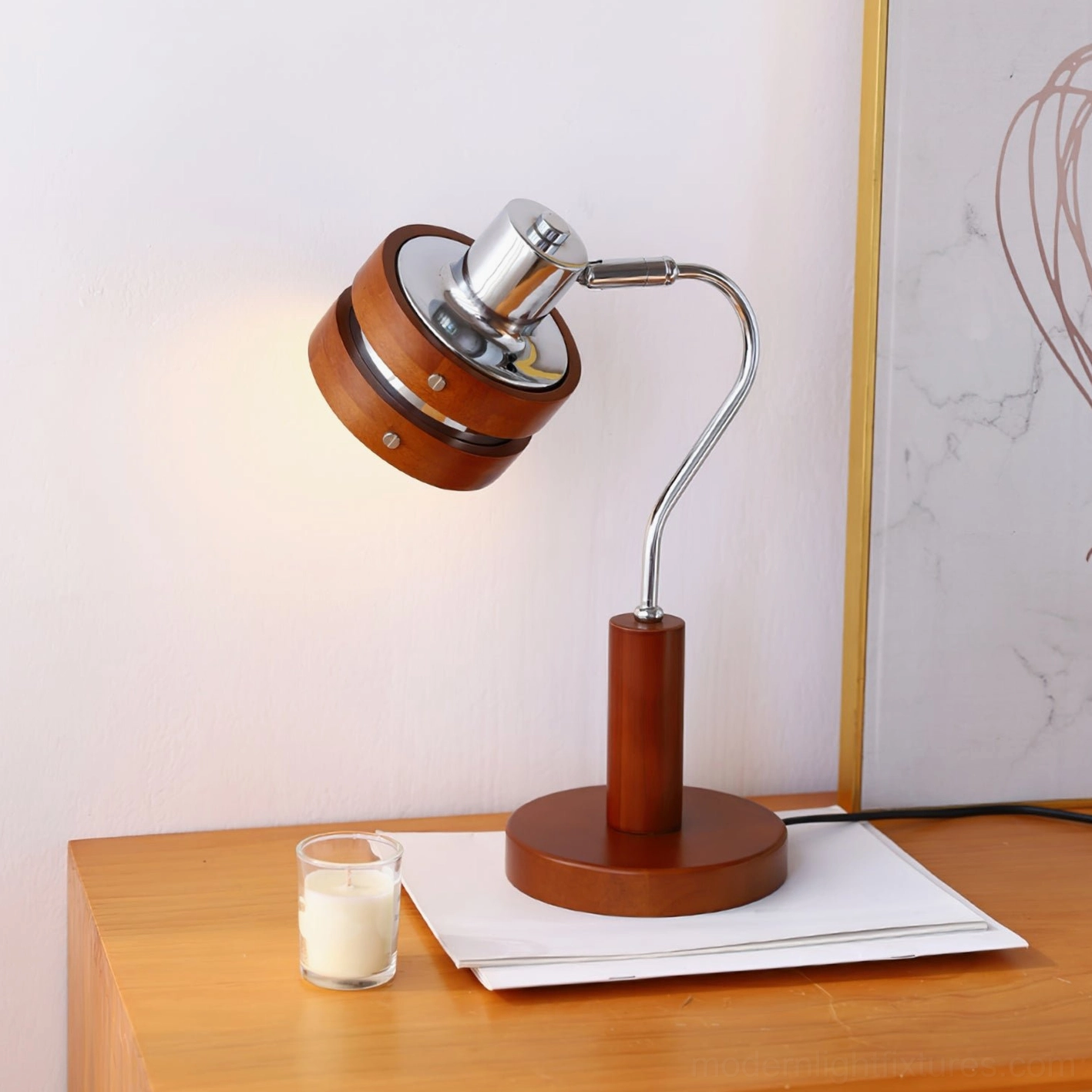 Industrial table lamp with illuminated warm glowing bulb inside barrel shade, chrome and wood construction