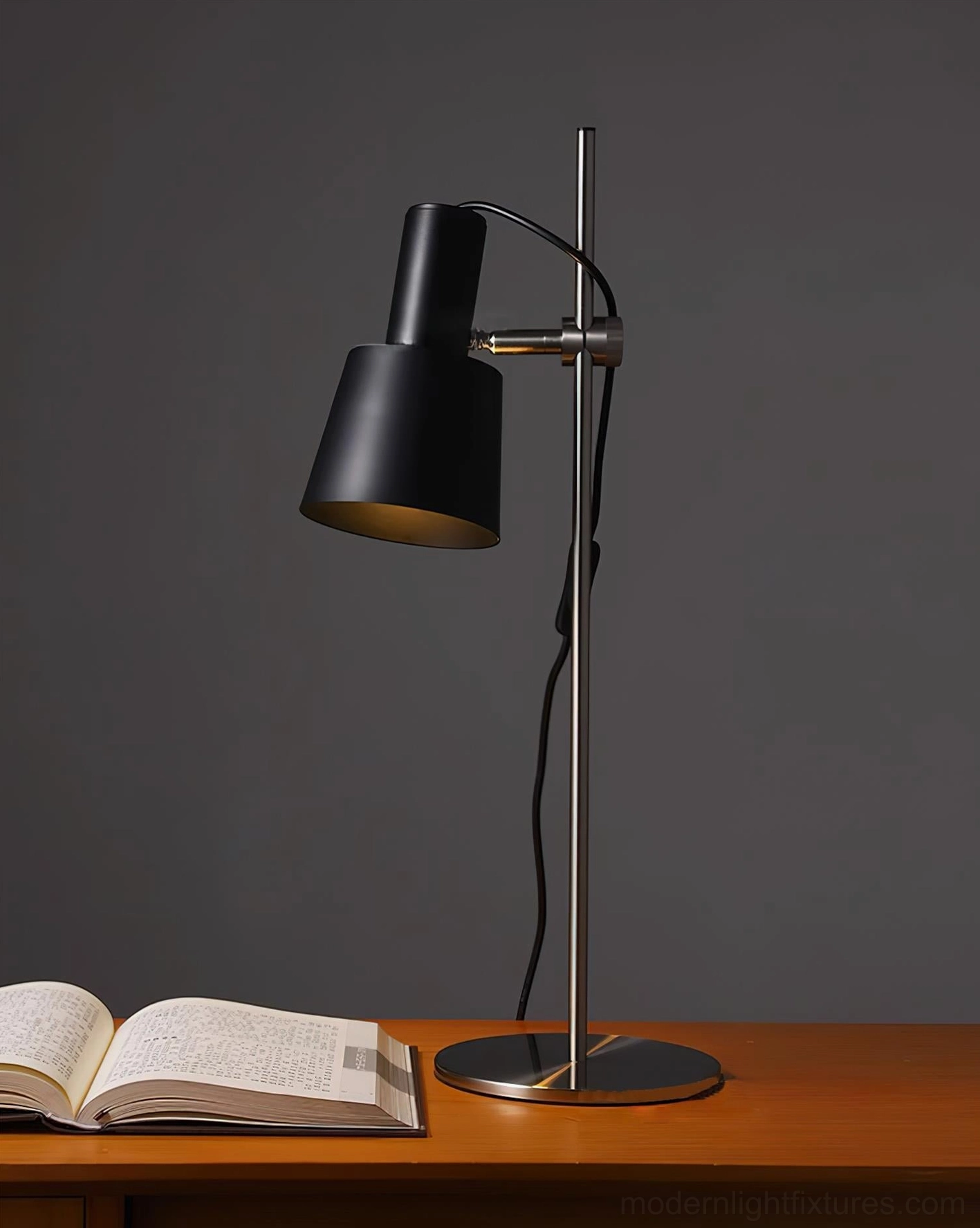 Modern adjustable desk lamp with polished nickel hardware and directional shade adjustment mechanism