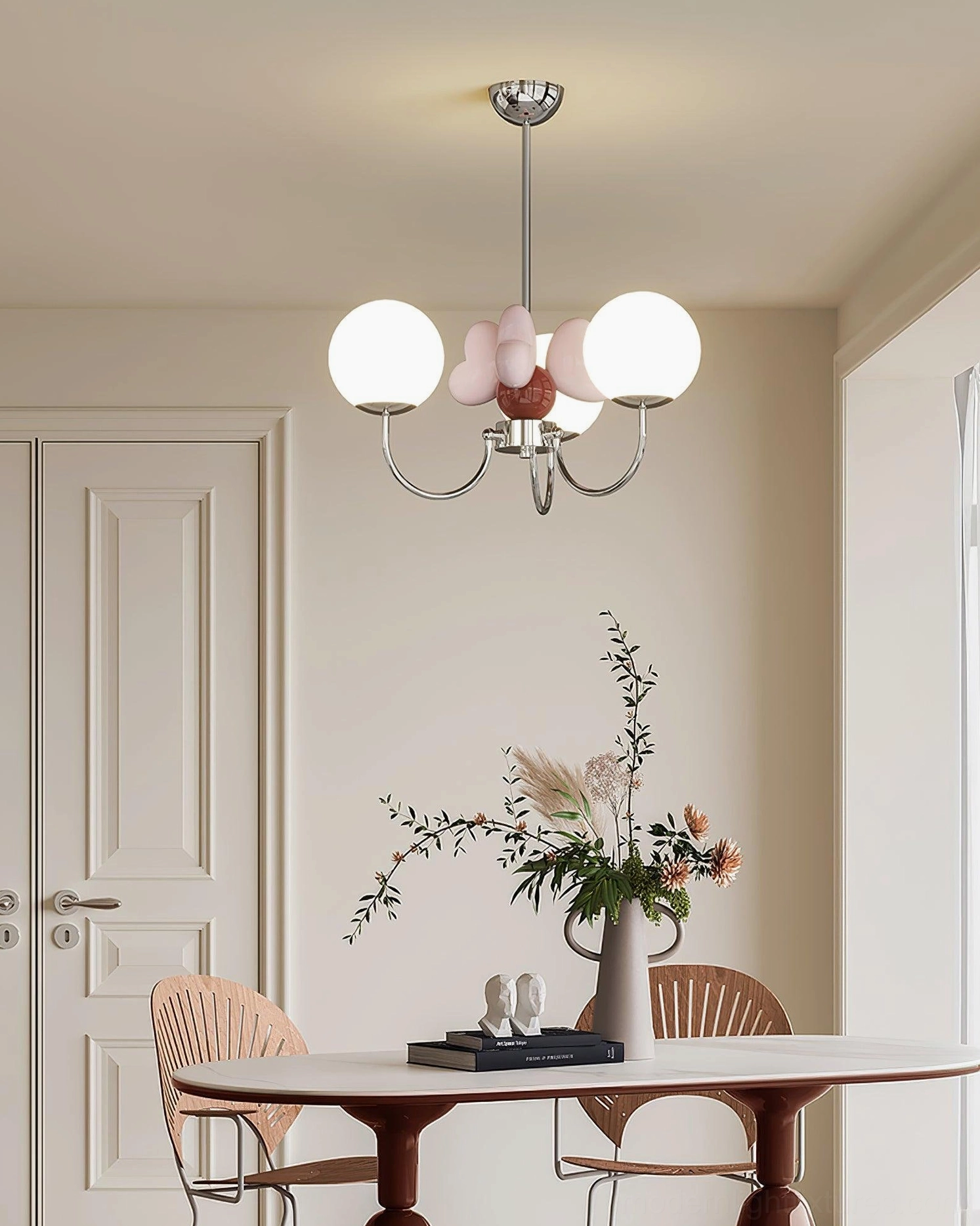 Modern dining room with pink petal glass chandelier above wooden dining set - contemporary chandelier lighting