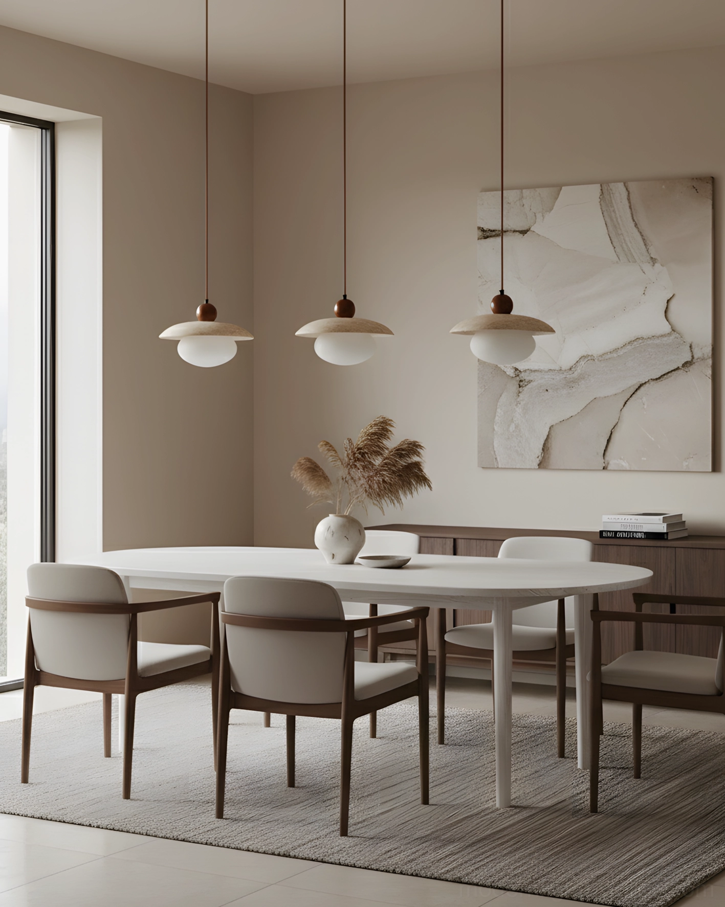Three Solven pendant lights in modern dining room with warm ambient lighting over table