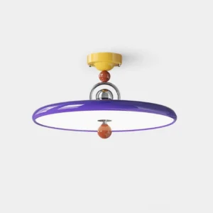 Modern purple disc ceiling lamp with yellow metal base and orange spherical accents flush mounted to ceiling