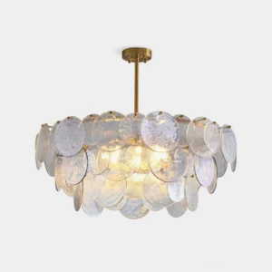 Luxury brass glass disc chandelier overhead view with iridescent layered pendants and brass top mount