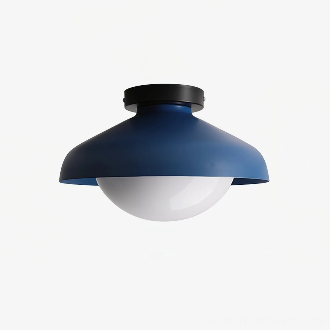 Modern dome semi-flush ceiling light close-up showing navy blue wide metal dome with frosted white spherical glass globe and black base
