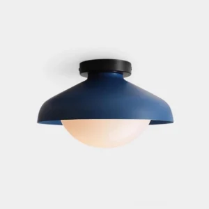 Modern dome semi-flush ceiling light with navy blue metal shade and frosted white glass globe, front product view