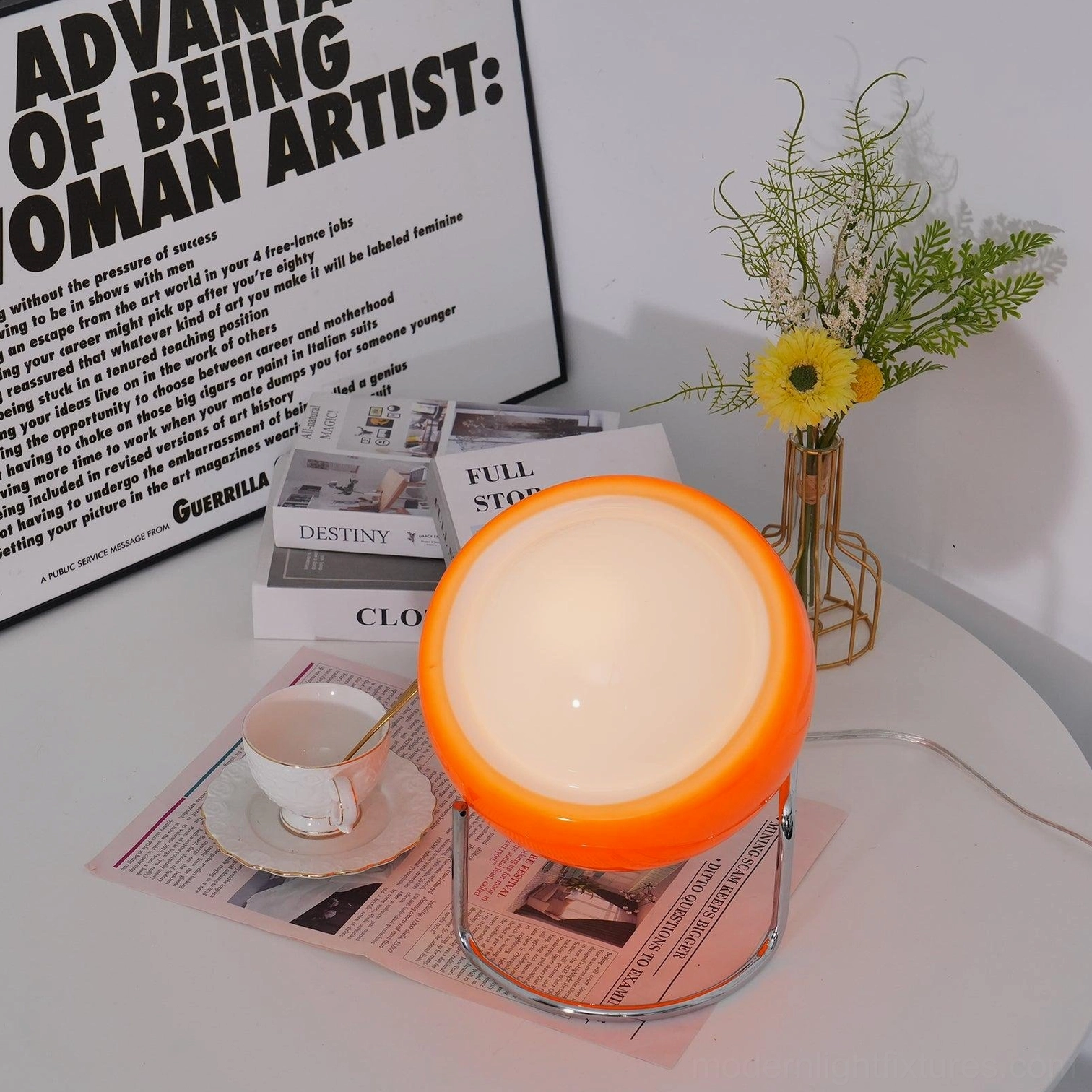 Modern dome table lamp with sculptural curved legs, mid-century design statement piece