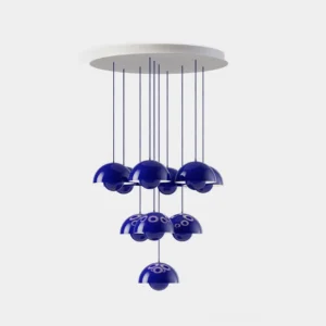 Modern multi-head dome pendant chandelier with dark blue matte finish, overhead view showing stacked hemispherical shades suspended at varying heights with white ceiling canopy