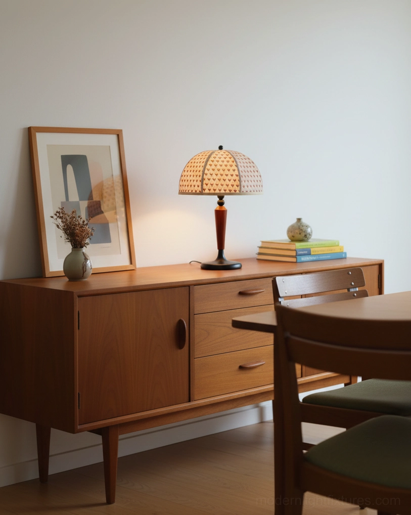 Modern dome table lamp three-quarter view dining nook sideboard mid-century room