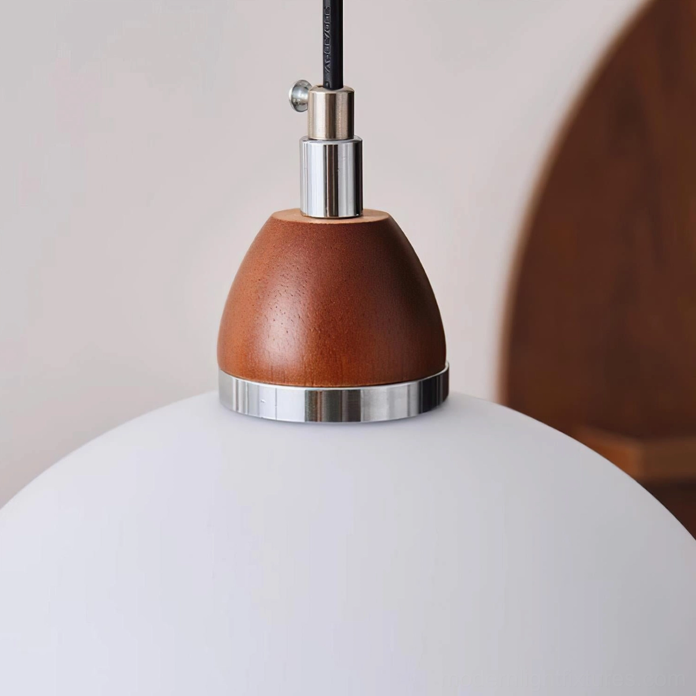 Modern domed pendant light fixture, minimalist walnut wood and white glass design, contemporary home lighting