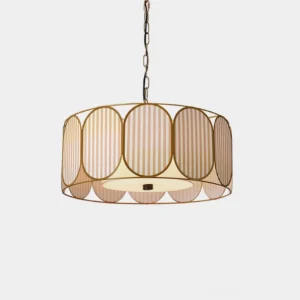 Modern drum pendant light with gold metal frame and vertical striped fabric shade on white background