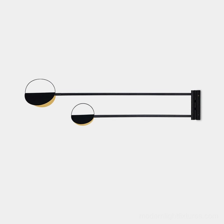 Dual semi-circular modern wall sconce with black and gold finish in minimalist flat view