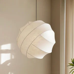 Adjustable modern fabric pendant light in white, three-quarter perspective showing segmented ball construction