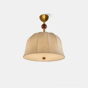 Modern fabric ceiling pendant light with brass and wood accents - front studio view
