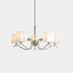 Modern 6-light fabric chandelier with polished chrome frame and off-white shades, overhead front view in studio setting