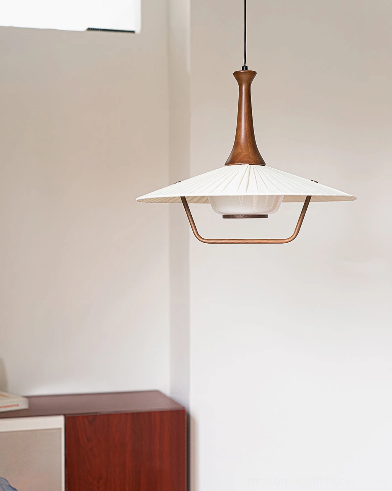 Modern fabric pendant shade walnut wood fixture detailed view of pleated design and metal hardware