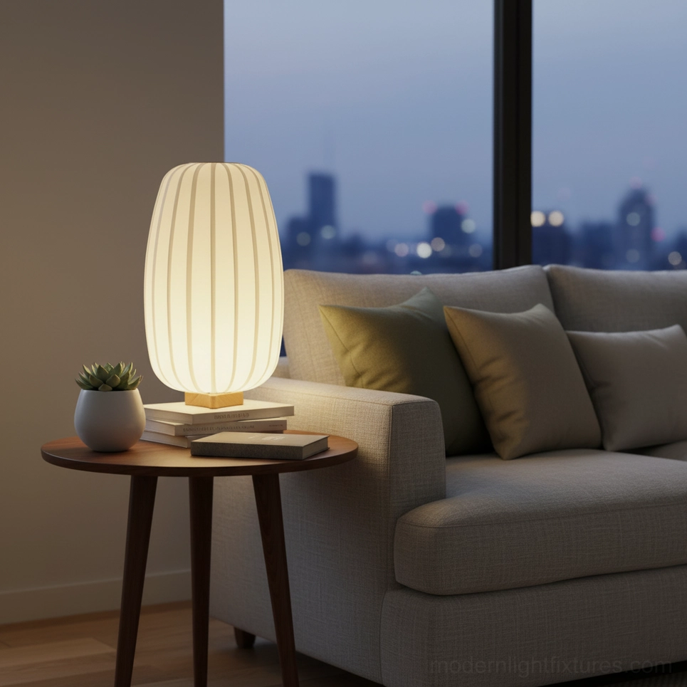 Modern fabric table lamp in living room sofa side with city night window view