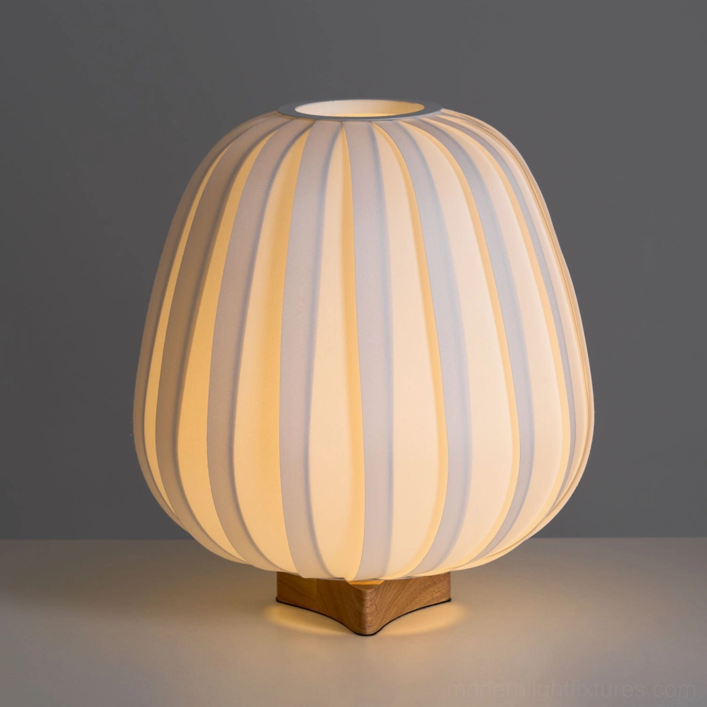 Modern fabric table lamp ribbed shade texture natural wood base