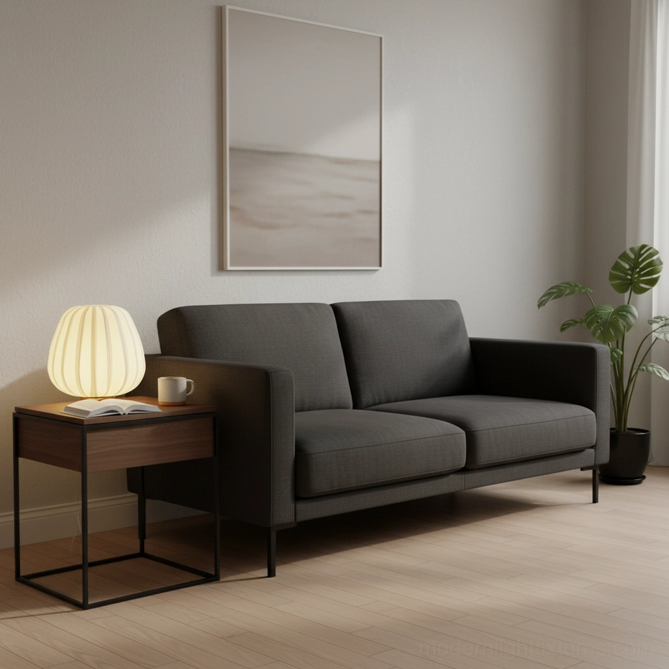 Modern fabric minimalist table lamp studio product display side angle
