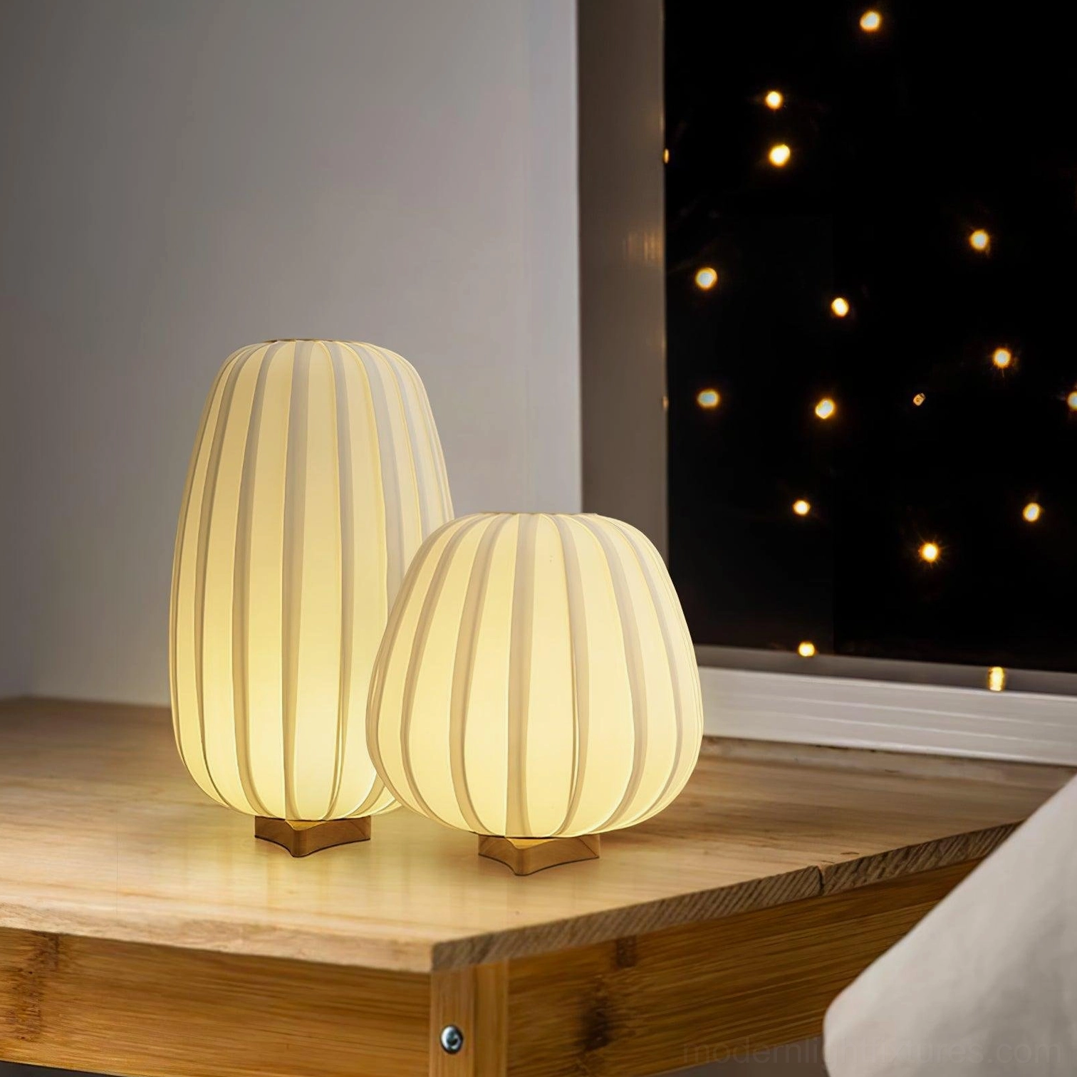 Modern fabric table lamp wooden base natural finish product photography