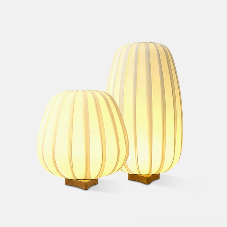 Modern fabric table lamp with wooden base in minimalist design - two-size comparison front view
