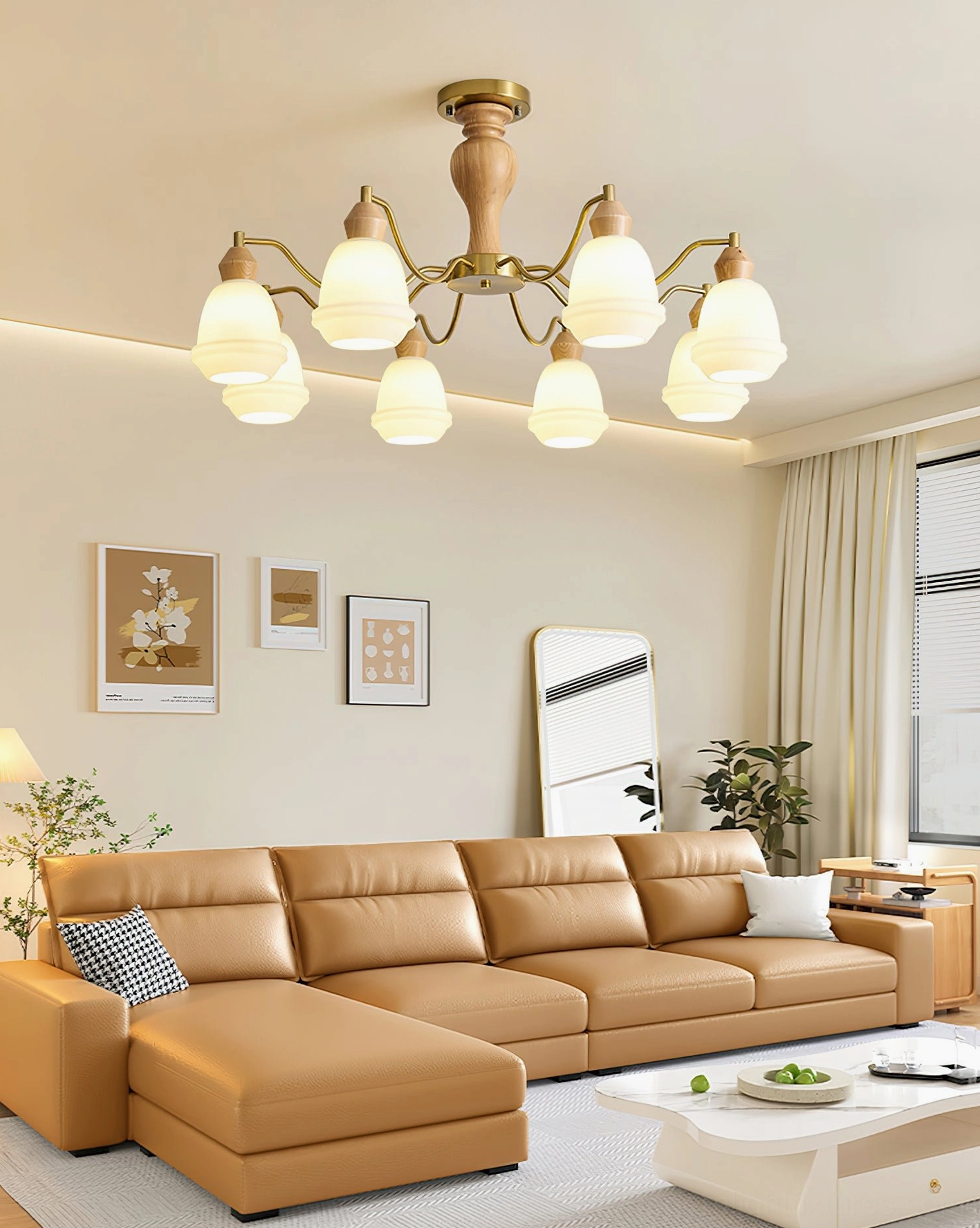 Modern farmhouse 8-light wood and brass chandelier with curved glass shades