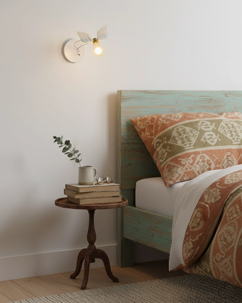 Modern wall sconce with feathered design and warm glow in Scandinavian interior setting