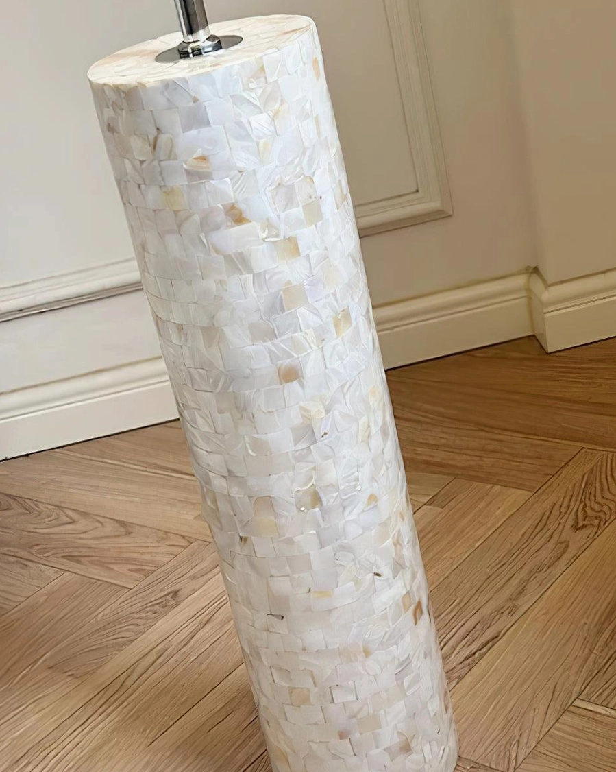 Modern minimalist floor lamp full profile showing cylindrical white shade and speckled glass base design