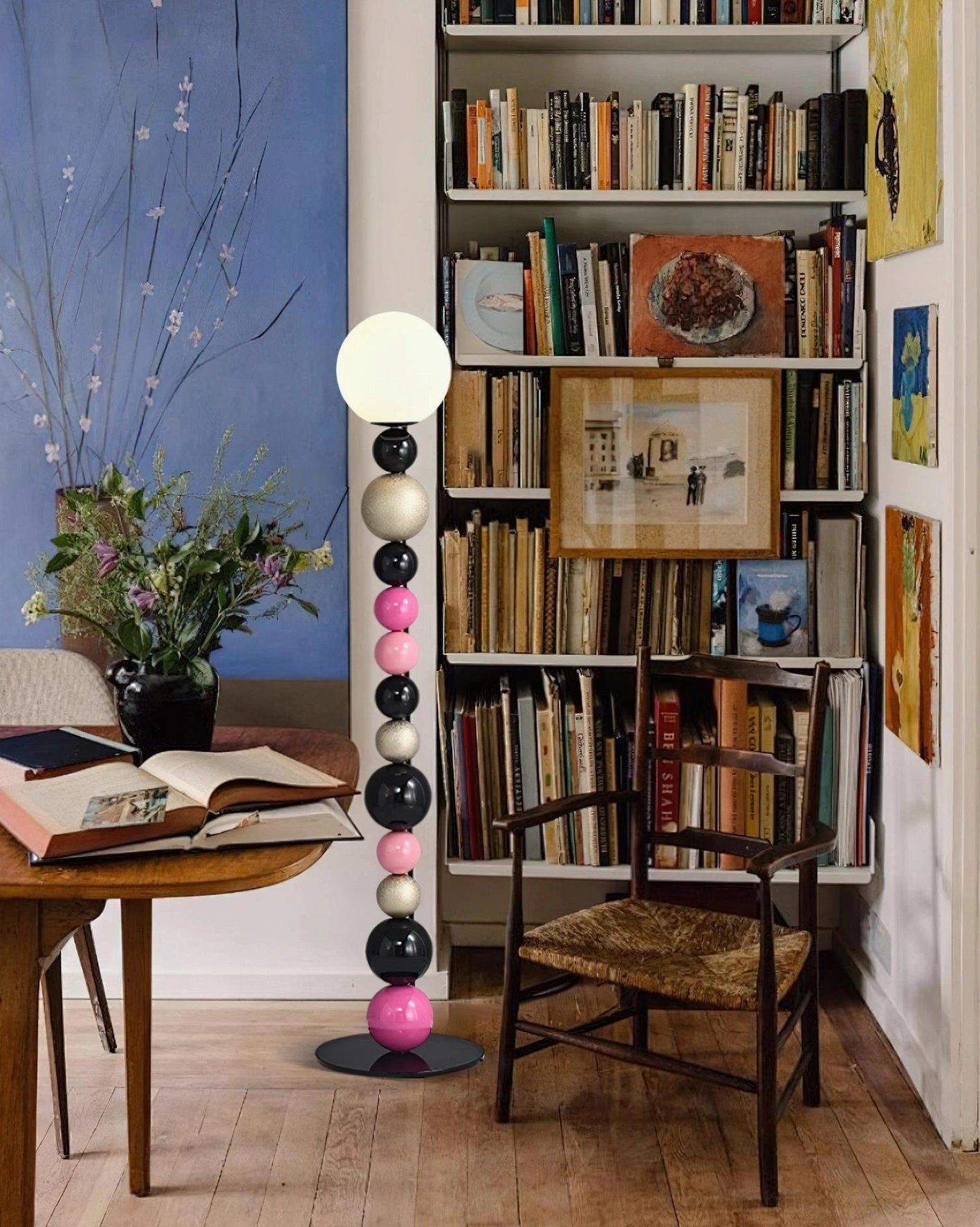 Contemporary beaded ball lamp positioned by wooden desk and vintage bookshelf, study room lighting solution