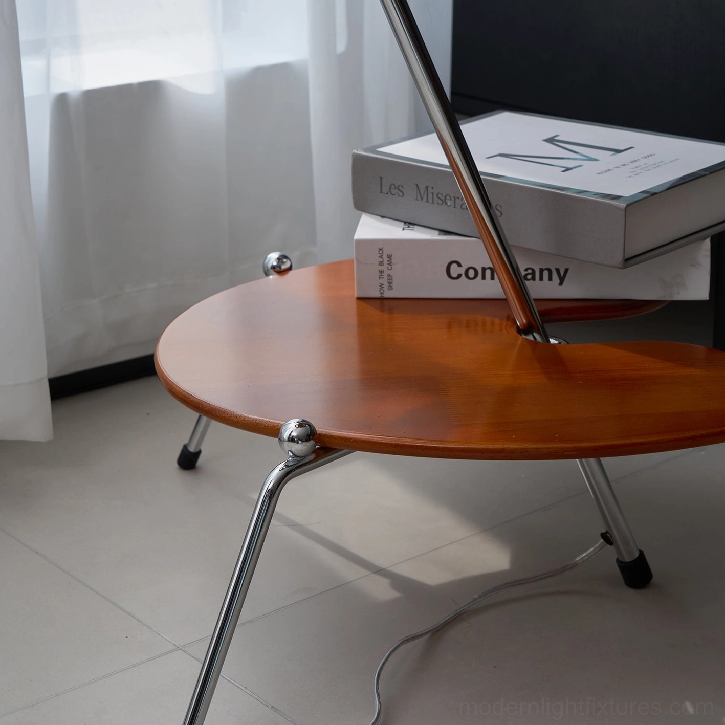 Full-length view of mid-century modern floor lamp with walnut wood shelves in contemporary home office setting