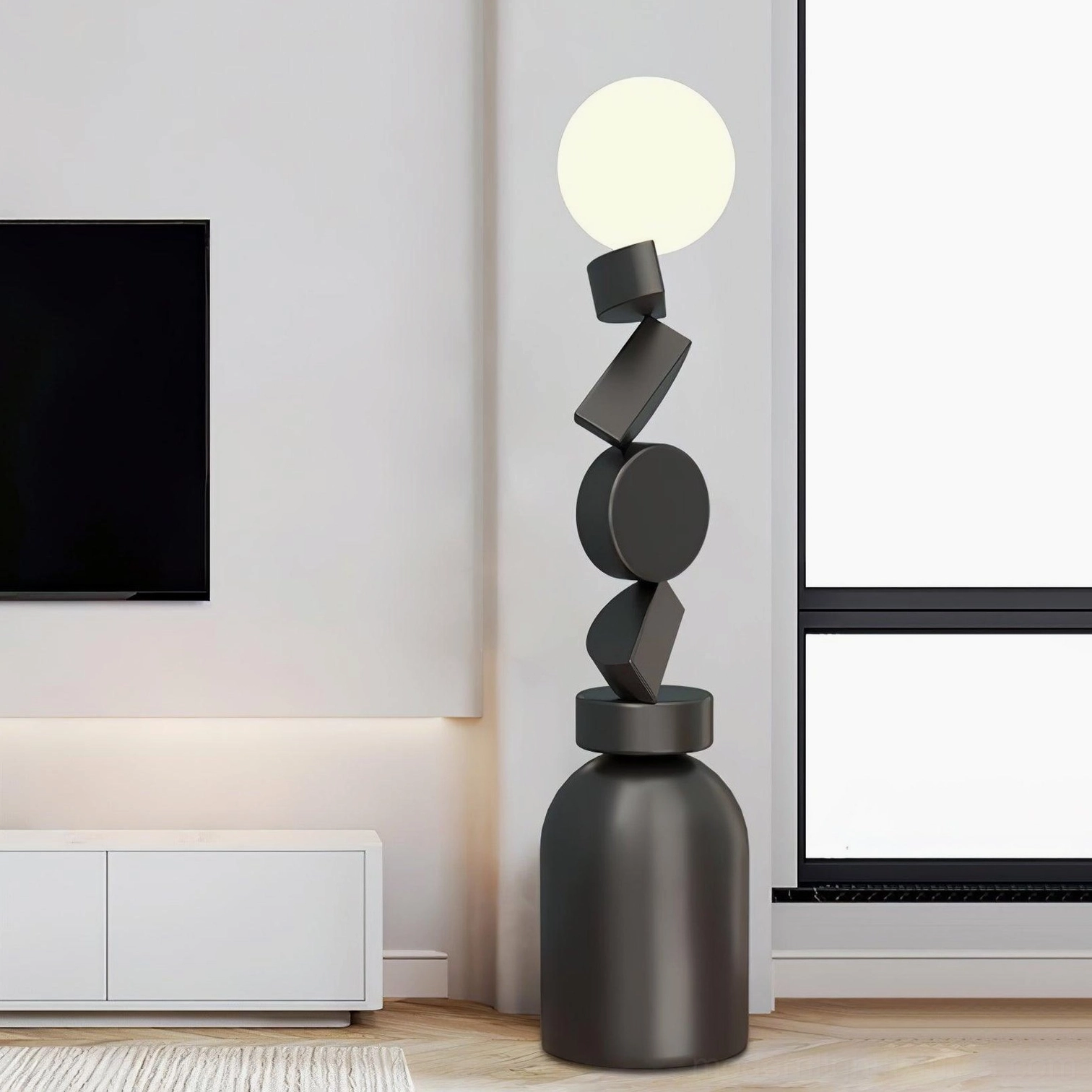 Modern Cubu floor lamp with wall-mounted TV in contemporary living room minimalist design