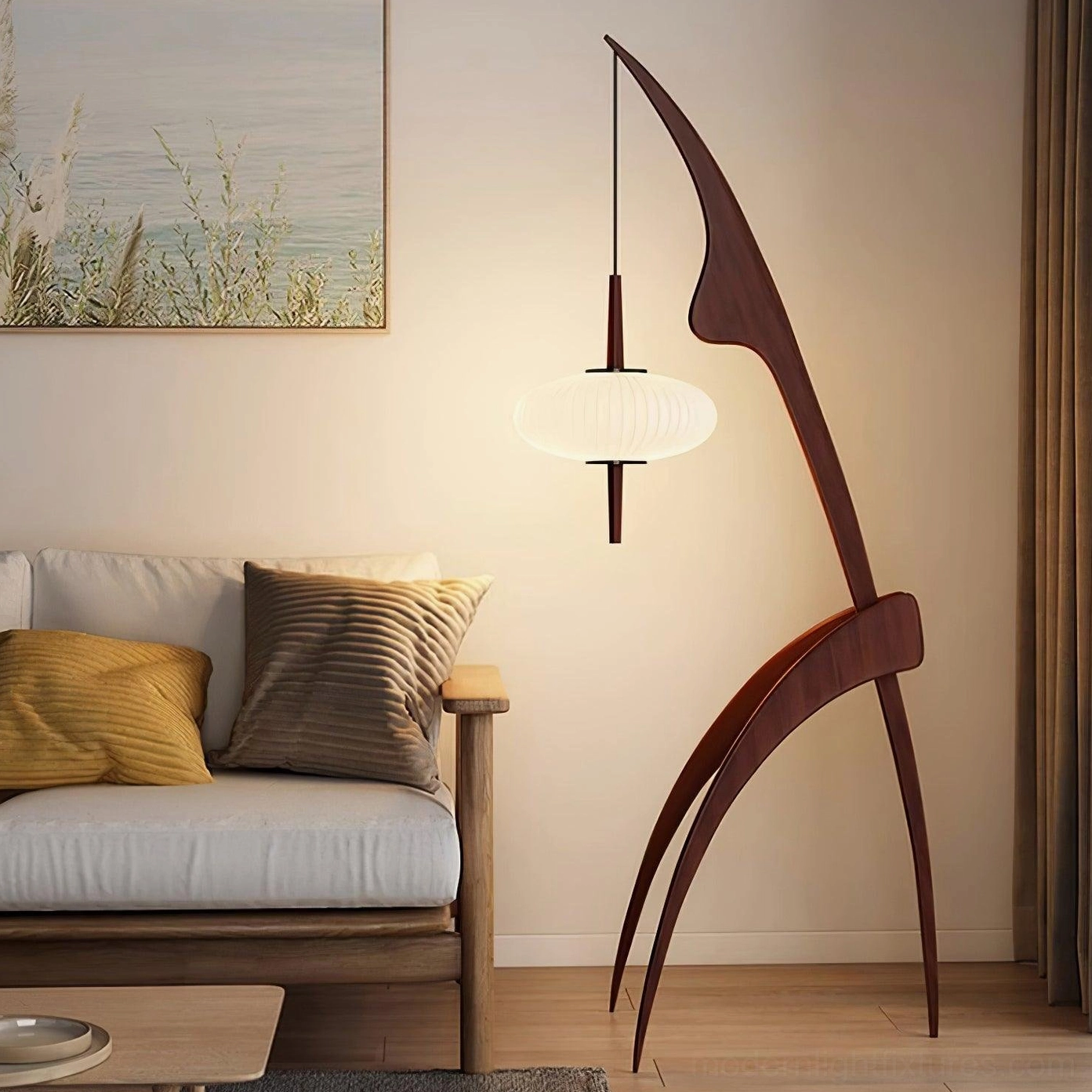 Modern wooden arc floor lamp with dark brown frame and fabric shade in Nordic style living room