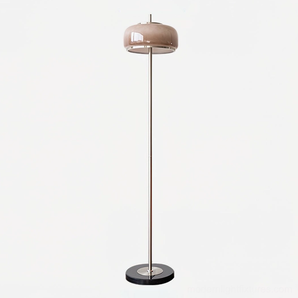 Sculptural mushroom floor lamp with frosted taupe glass shade polished silver chrome pole and black round marble base studio view