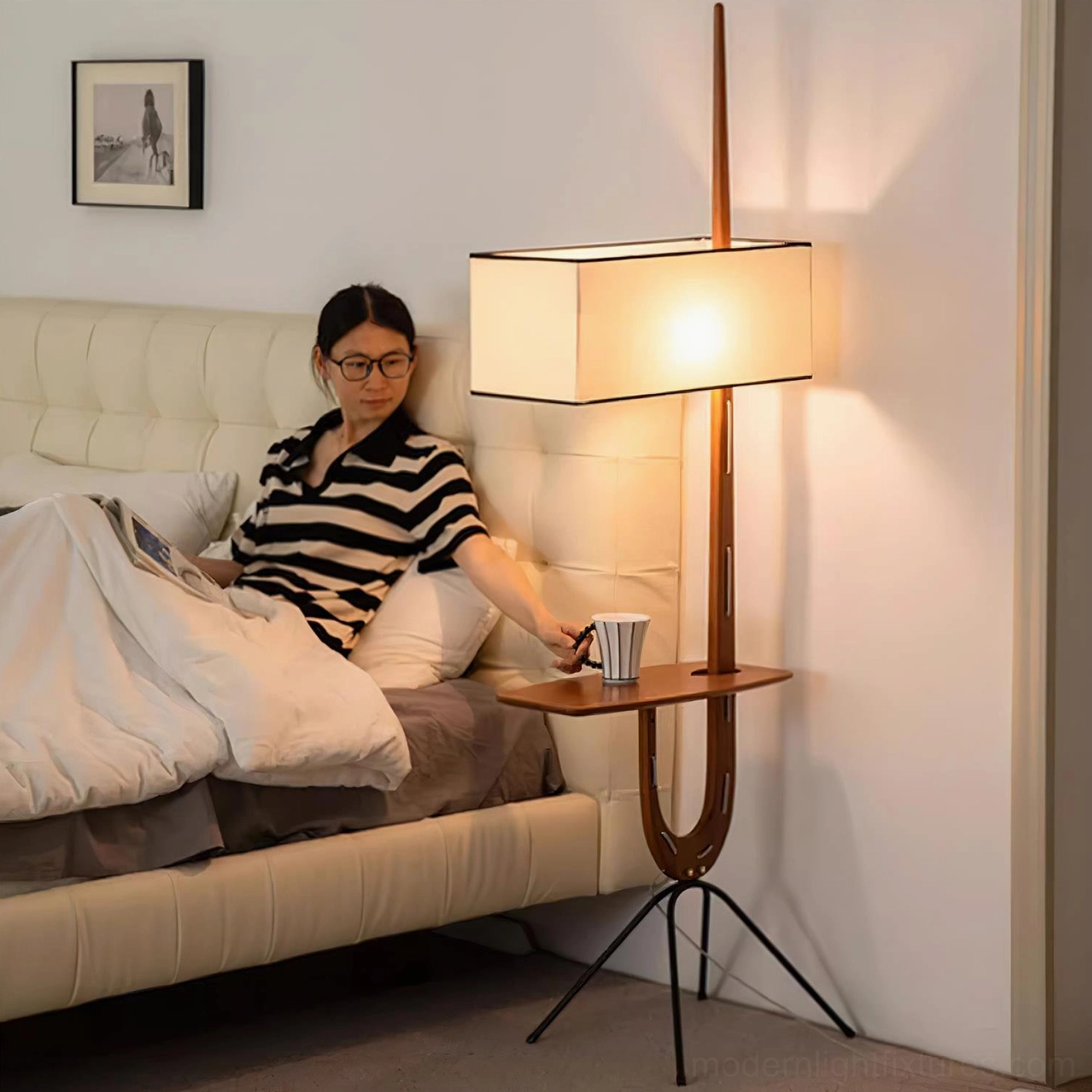 Modern wood floor lamp tripod base structure with wooden frame architectural detail view