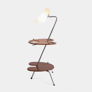 Mid-century modern floor lamp with walnut wood shelves and adjustable opal shade, front oblique view in studio lighting