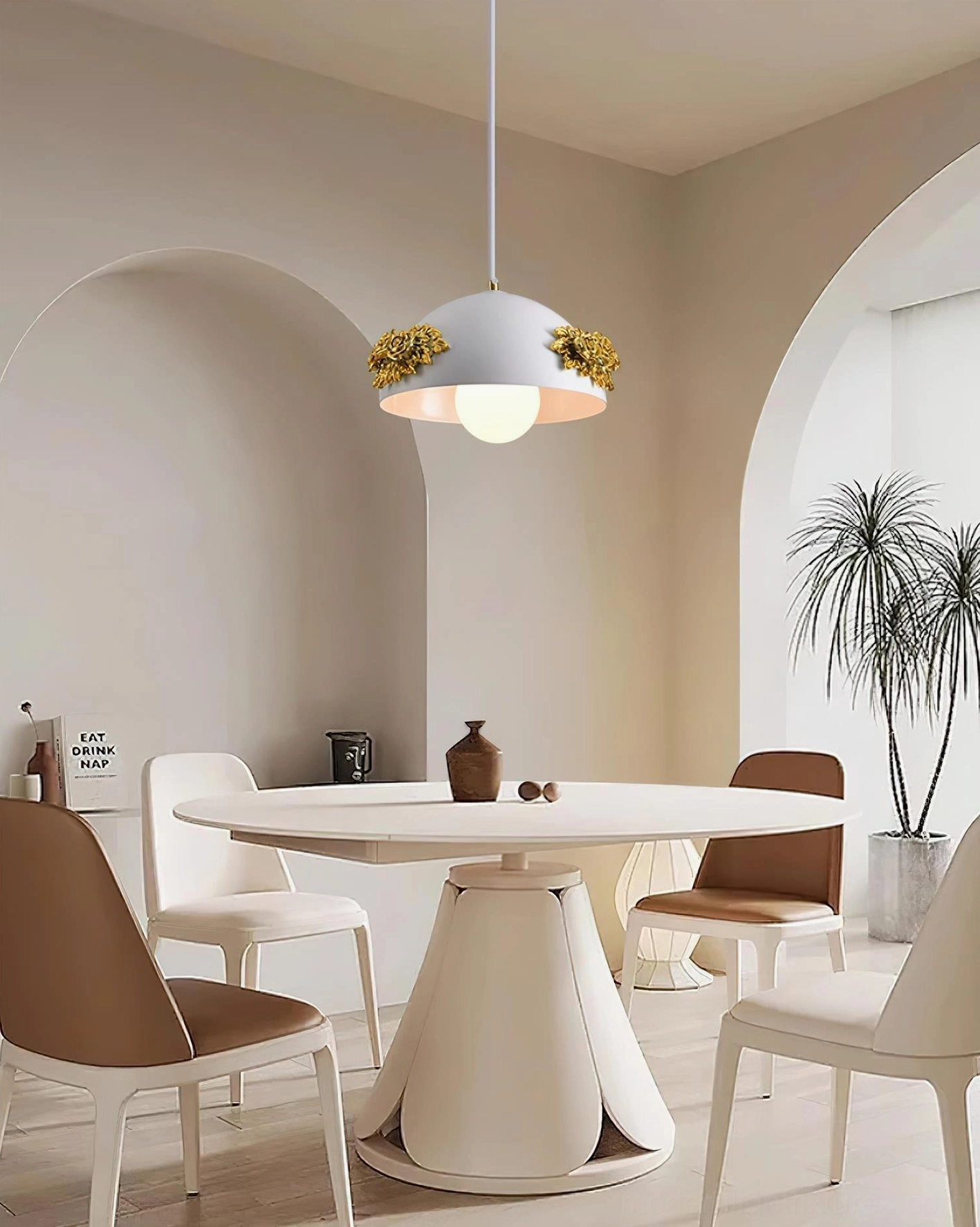 Modern floral pendant light with botanical rose design elements, white acrylic shade, romantic contemporary fixture