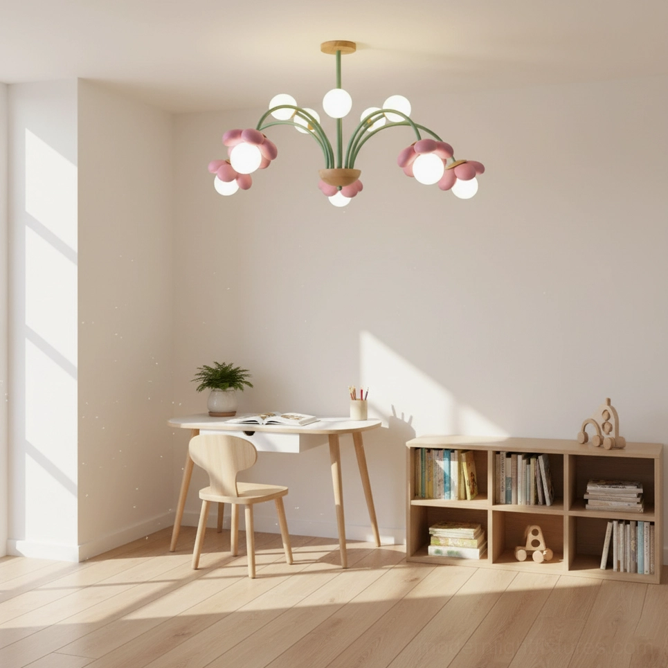 Modern floral pendant chandelier lifestyle image in contemporary home setting with ambient mood lighting