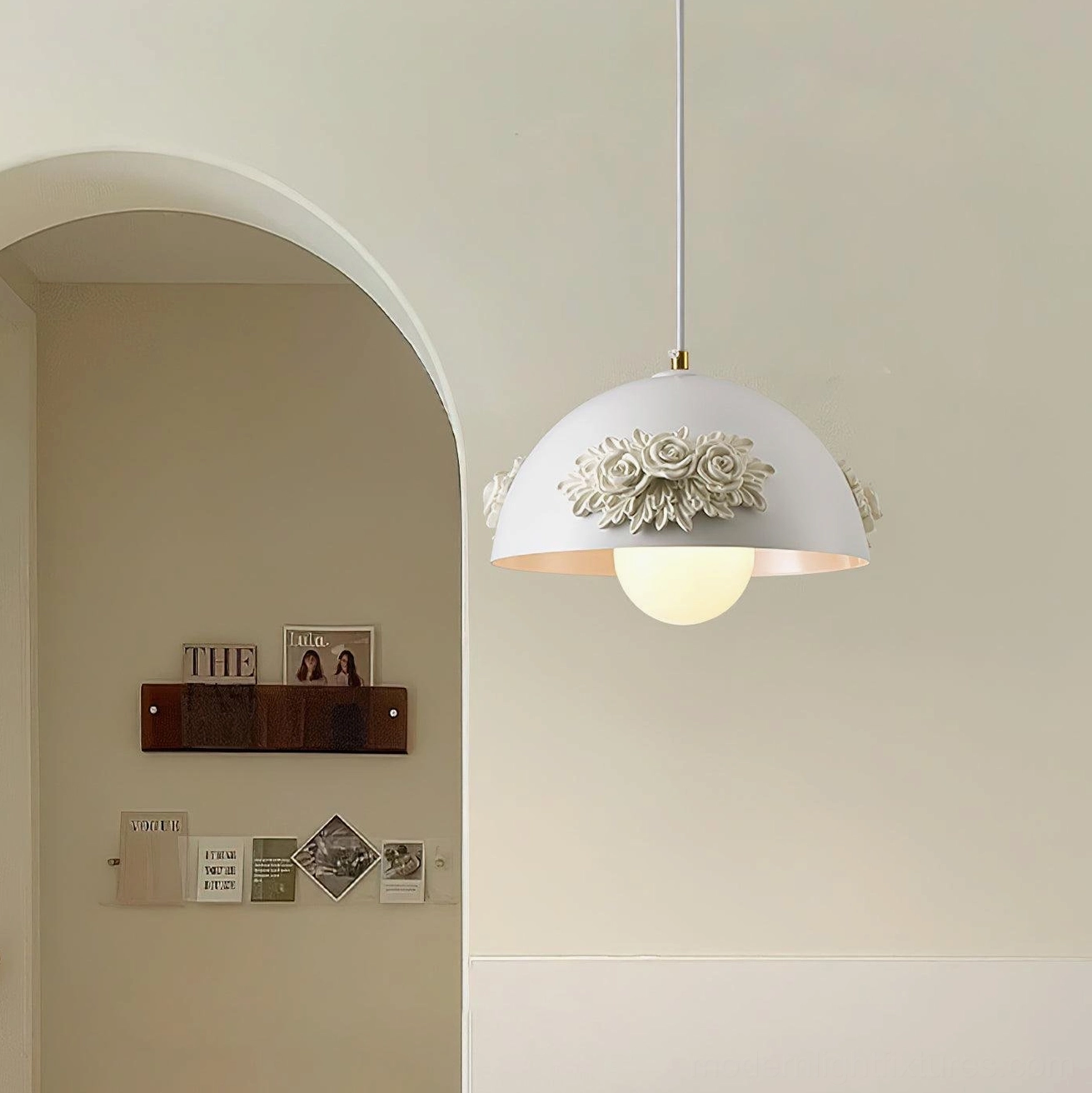 Modern floral pendant lamp with romantic rose appliqués, soft diffused ambient lighting, contemporary home decoration piece