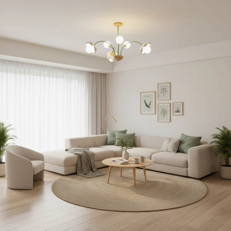 Modern flower ceiling light with green metal stems and pink acrylic flower shades, three-quarter view