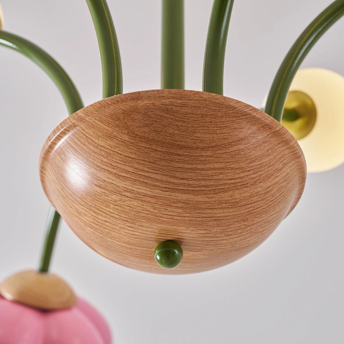 Modern flower chandelier detail view emphasizing craftsmanship of acrylic petals and metal stems