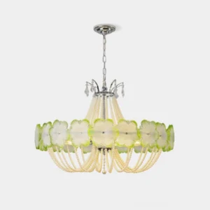 White botanical flower glass chandelier with chrome metal frame and petal-shaped glass shades, modern pendant light fixture front view